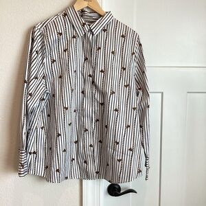 Chico’s No-Iron Button-Down Collared Long-Sleeve Shirt Vertical Stripe Chains